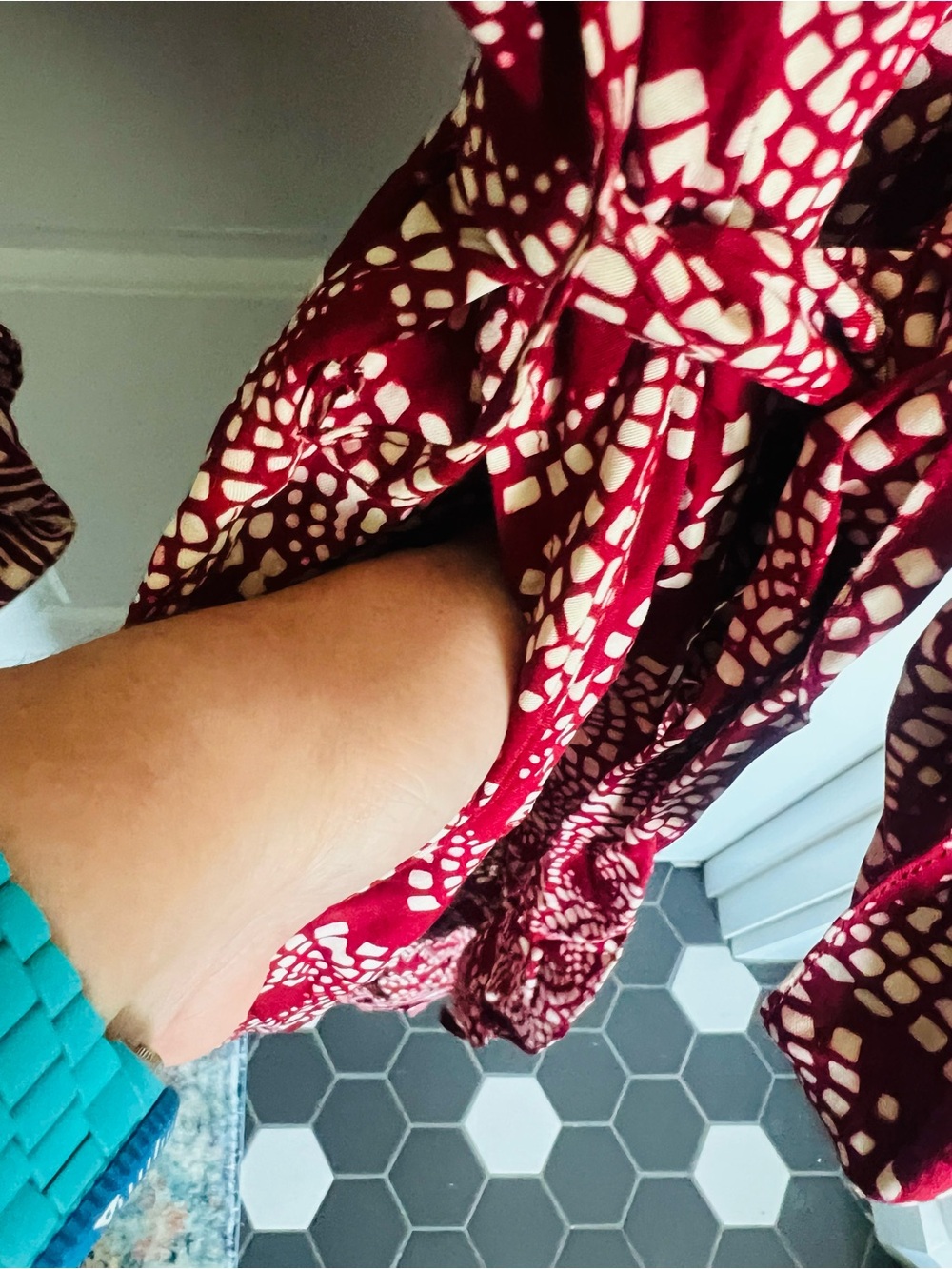 Long Burgundy Floral Wrap Robe with Tie Waist - Picture 6 of 8